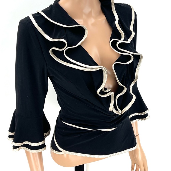 JOSEPH RIBKOFF Flamenco Ruffle Wrap Blouse SIZE 8 Black Ivory Satin Evening Top - Picture 11 of 15